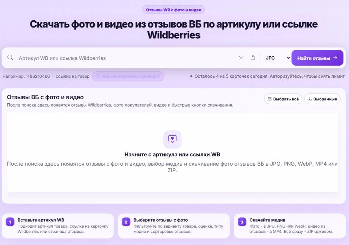 Инструмент WBRay для скачивания фото и видео из отзывов Wildberries