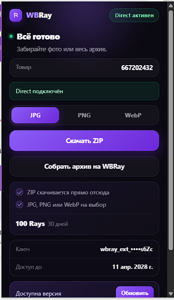 Расширение WBRay с подключённым API-ключом: статус доступа и выбор формата JPG, PNG, WebP