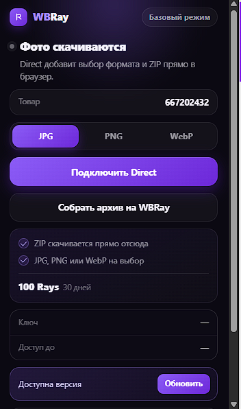 Расширение WBRay в базовом режиме: описание API-ключа и форма подключения